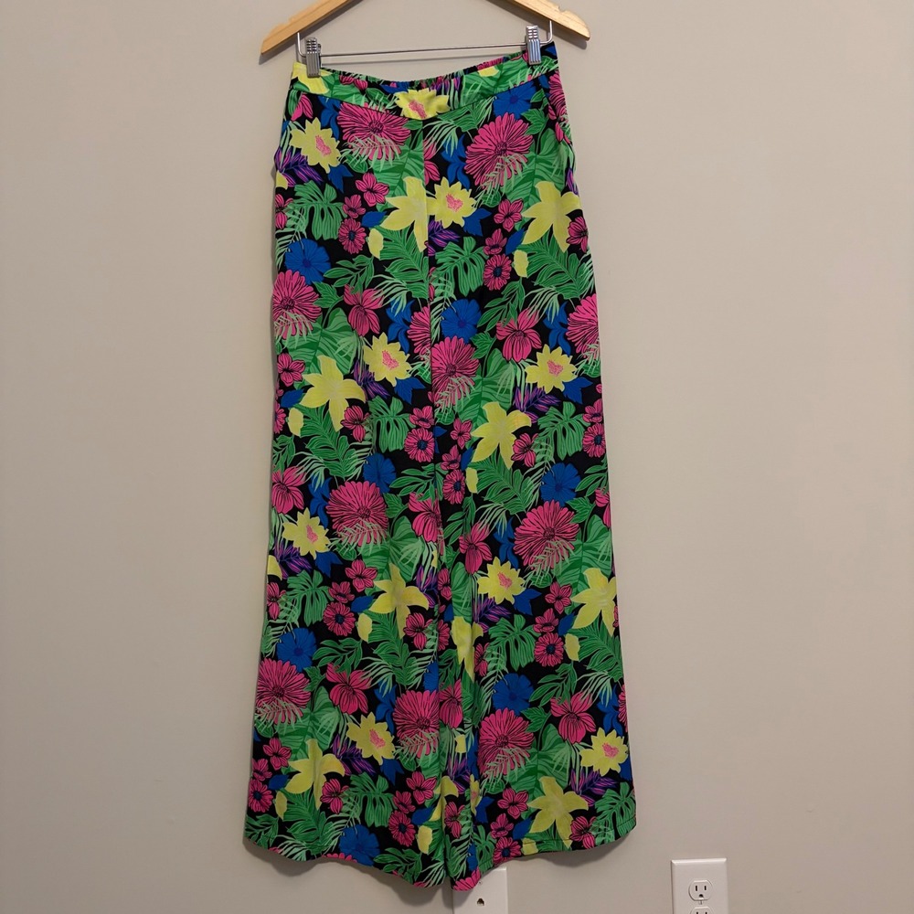 Skies Are Blue Women Green Tropical Floral Wide Leg Palazzo Pants Size M
